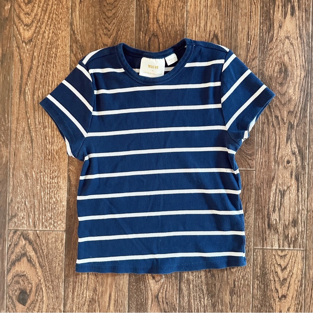 Maeve Anthropologie Baby Tee Navy White Striped The Blair Stretch Short Sleeve